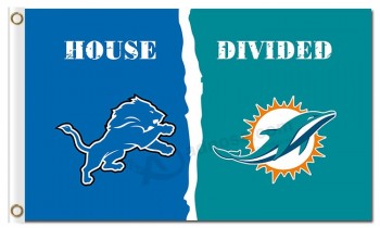 Aangepaste goedkope nfl detroit leeuwen 3'x5 'polyester vlaggen huis verdeeld met miami dolfijn