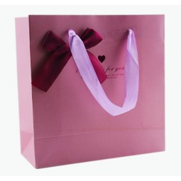 оптовый таможня ваш логос для бумажного мешка высокого качества розового цвета с тесемкой ленты (уу-б0131)