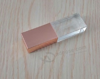 Top venda logotipo 3d gravado a laser usb flash drive/Ouro rosa flashdrive glass 100% de capacidade real