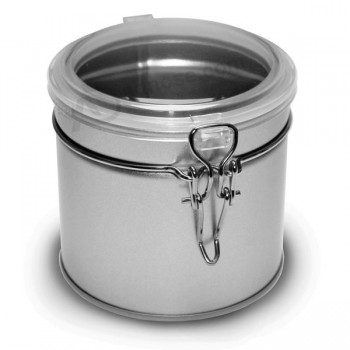 Round Tin Container with Hinge and Plastic Clear Lid