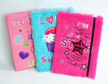 Wholesale custom high quality Embroidery Plush Cover Notebook with Black Elastic Rope