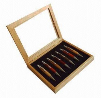 деревянная коробка для хранения ручек с окном для оформления логотипа