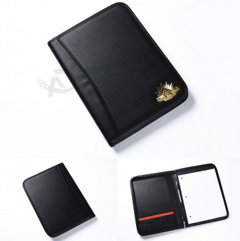 Portafolio de cuero negro personalizado de alta calidad al por mayor Con insignia de metal (Bs-020)