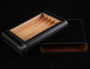 Classic Black Leather Cigaret Case with Veneer for custom with your logo