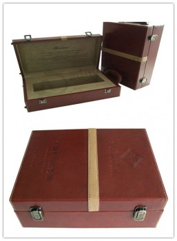 Custom high-end Classic Brown Genuine Leather Wine Box with Hander
