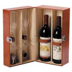 定制高-结束棕色皮革礼品盒葡萄酒和眼镜套装