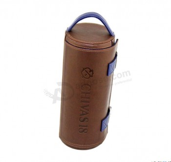 Custom high-end Round Brown Leather Wine Carrying Gift Box