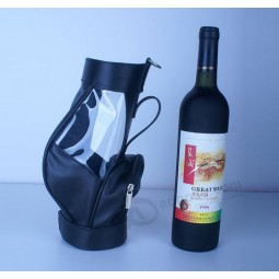 Custom high-end Soft Black Leather Wine Bag with Clear Window