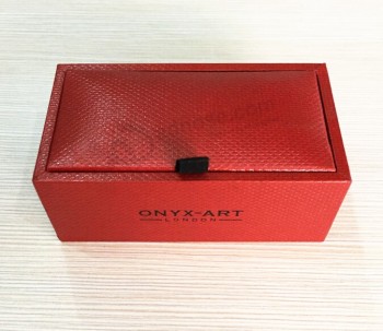 Custom high-end Brown Red Leather Cufflink Box with Black Logo