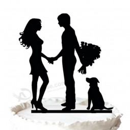 Wholesale custom high-end Bride and Groom with Dog Silhouette Wedding Cake Topper