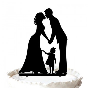Groothandel op maat hoog-Einde bruidStaart topper silhouet bruidegom en bruid met klein meisje, kus