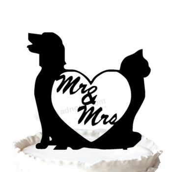 оптовая изготовленная на заказ высокая-End top top -dog и cat with mr и mrs silhouette wedding cake topper улand
