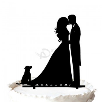 卸売カスタム高-終わりの花嫁と新郎のカップルは、犬のシルエットのウェディングケーキトッパーとキス, 