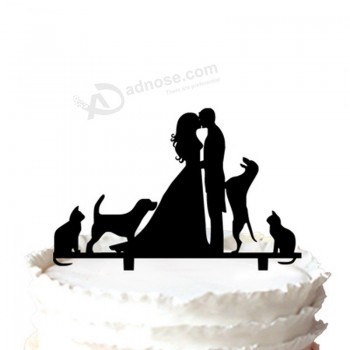 Wholesale custom high-end Kissing Bride and Groom Couple Pet Lovers Two Dogs & Cats Wedding Cake Topper