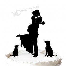 Groothandel op maat hoog-Einde van de heer en mevrouw cake decor, unieke bruidStaart topper bruid en bruidegom silhouet met 2 hond