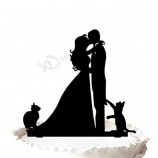 卸売カスタム高-2人の猫のシルエットのウェディングケーキトッパーで終わる花嫁と新郎