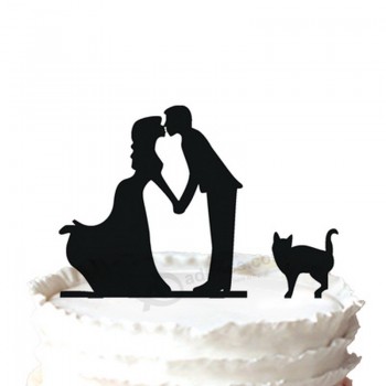 оптовая изготовленная на заказ высокая-конца невесты и жениха поцелуи пара с домашним животным кошка силуэт свадебный торт топпер
