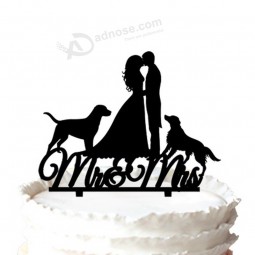 批发定制高-结束两只狗与“夫人和先生”剪影婚礼蛋糕礼帽.
