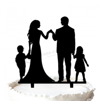 卸売カスタム高-終わりのシルエットの新郎と2人の子供の記念日のケーキトッパーとの花嫁