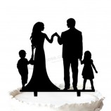 Groothandel op maat hoog-Einde silhouet bruidegom en bruid met twee kinderen verjaardagStaart topper