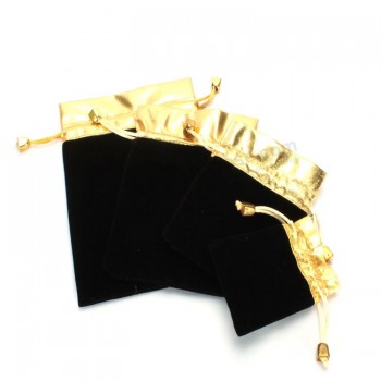 Wholesale custom high-end Black Velvet Drawstring Bag with Trim (CVB-1061)