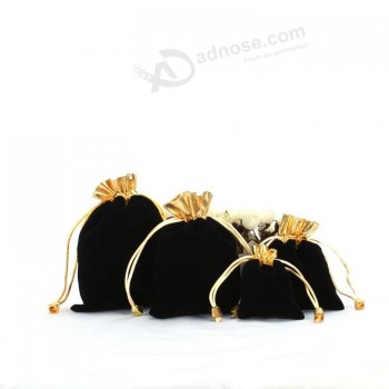 Custom high quality Black Custom Velvet Pouches with Gold Trim (CVB-1062)