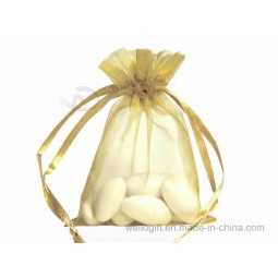 Custom high quality Gold Organza Bag with Satin Ribbon