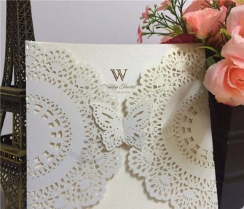 Wholesale custom high quality Butterfly pearl white wedding invitation card