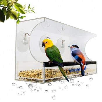 Mangiatoia per ucceLLi in vetro acriLico con vaSsoio estraibiLe, fori di scarico e 3 ventose