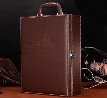 Personalizado marrom pu couro duplo vinho caixa, caixa de presente de vinho de alta qualidade