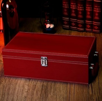 Caja de vino doble clásica de cuero negro, caja de regalo de vino tinto