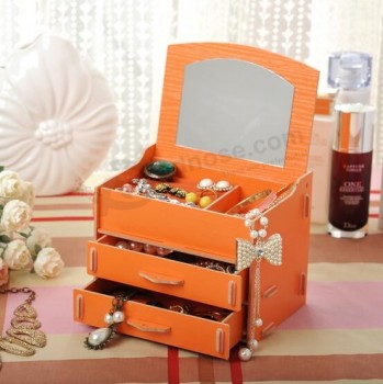 Novo estilo diy caixa de armazenamento de cosméticos de madeira com espelho, caixa de jóias para brinco, colar, anel