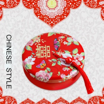 Creatieve en persoonlijkheid chinese stijl rode bruiloft gunst doos, ronde tin geschenkdoos met mooie kwasten
