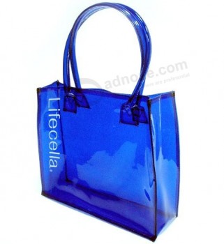 Atacado personalizado de alta qualidade azul impressão Logotipotipo moda bolsa de mão de PVC