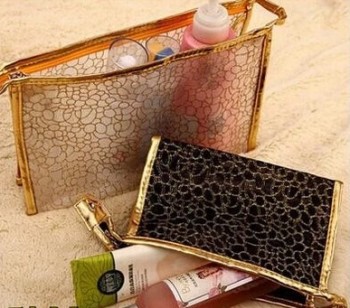 Groothandel op maat gemaakt hoog-Einde goud mesh dubbele waterdichte Pvc make-up tas