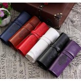 Customied high quality Fashion Retro Leather Rolling Pencil Case
