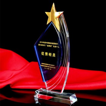 卸売カスタマイズ高-ビジネスギフトのための終わりの青いクリスタルガラス星トロフィー賞