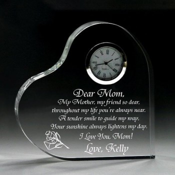 Coeur de verre cristal personnalisé avec horloge pour cadeau de mariage
