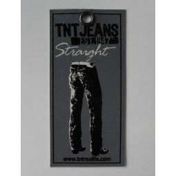 оптовые подгонянные высокого качества темные серые холстины напечатали джинсы hangтег