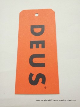 Factory direct wholesale customized top quality Orange Printed Base Black Wording Paper Jean Hangtag