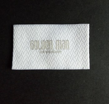 Wholesale customized high-end Twill Pattern Background Grey Text Damask Woven Label