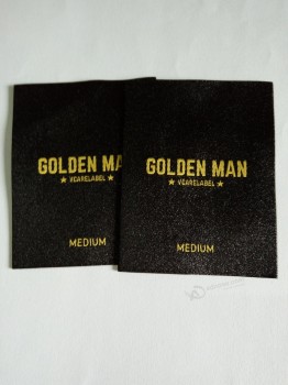Wholesale customized high-end Taffeta Quality Black Base and Yellow Wording Design Garment Main Woven Label