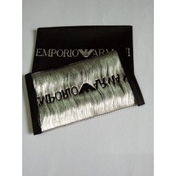 Wholesale customized high-end Taffeta Quality Black Background Silver Thread Garment Woven Label