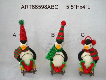 Wholesale 5.5"Hx4"Lchristmas Decoration Penguin with Metal Sled, 3 Asst-