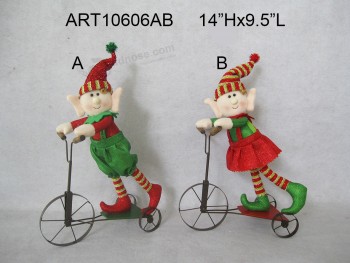 カスタムデザインクリスマスの装飾休暇の男の子と女の子のエルフライディングメタルの自転車