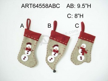 Wholesale Jute Stocking Designed with Button Snowman Decoration Gift-3asst.