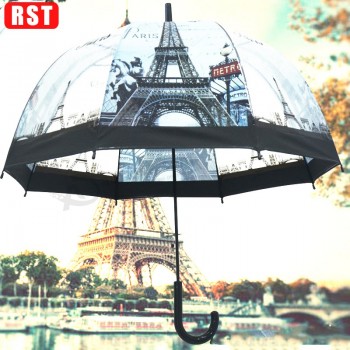 Promotional cheap clear umbrella printed with world famous scenery tower design POE straight umbrella from Chinese supplier