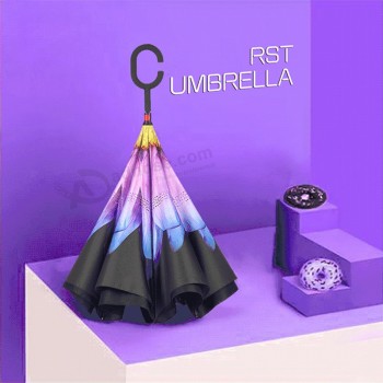 2019 newest manual compact umbrella C handle windproof double layer inverted umbrella with your logo