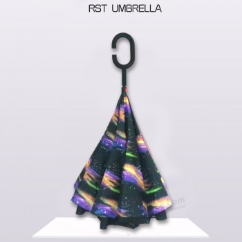 2018 Nuevas invenciones besT selling uv proof c handle doble capa paraguas al revés del coche