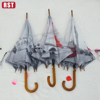 Paris city and Eiffel tower overlooking straight personalized design auto open straight wooden handle umbrella